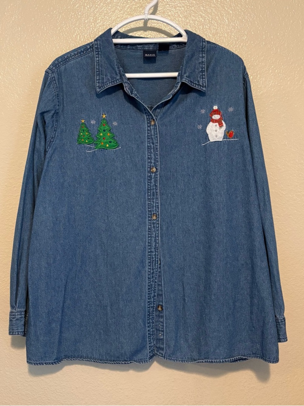 Vintage Christmas Denim Shirt Embroidered Trees Snowman Grandmacore 2X